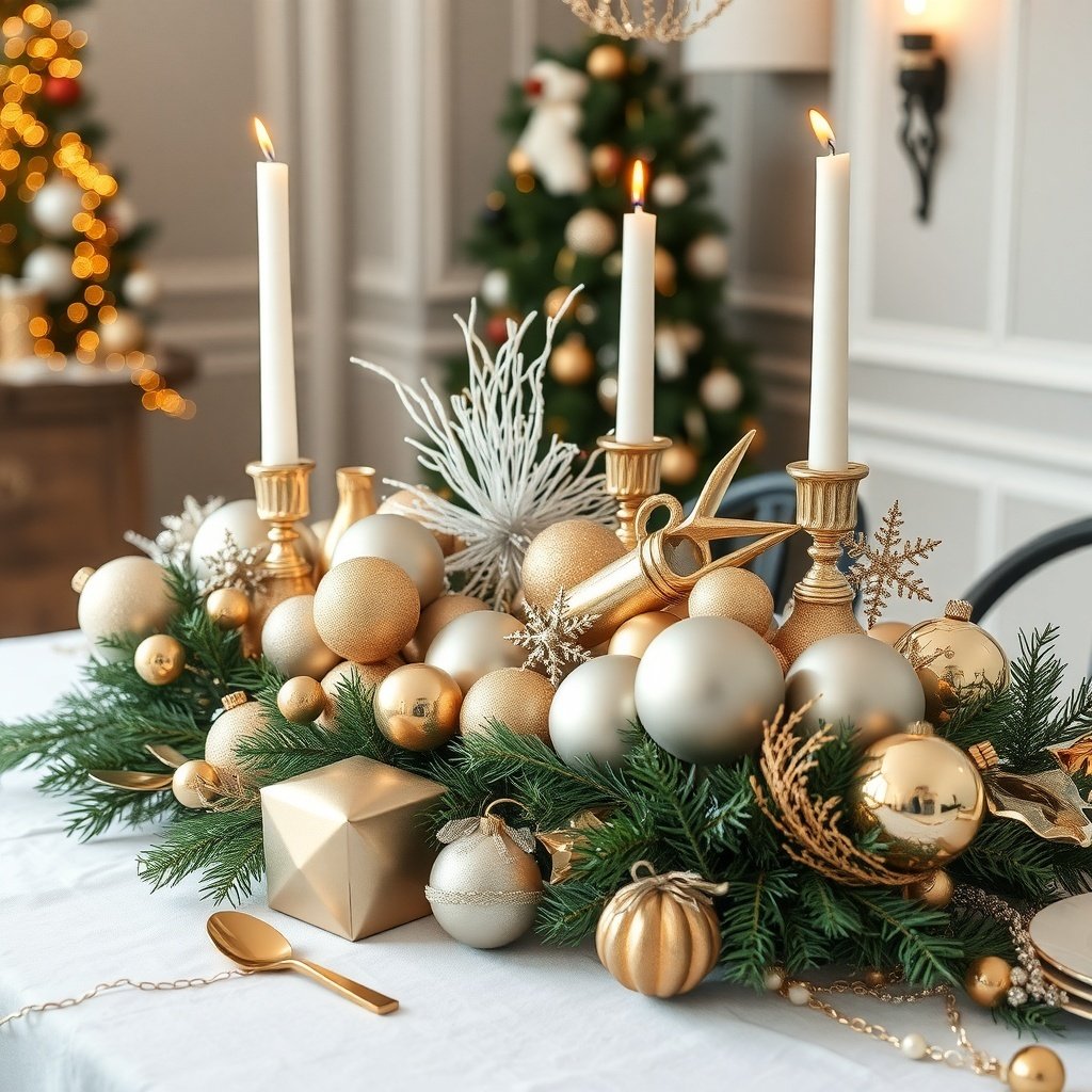 Chic metallic centerpiece with gold and silver ornaments, candles, and greenery on a Christmas table.