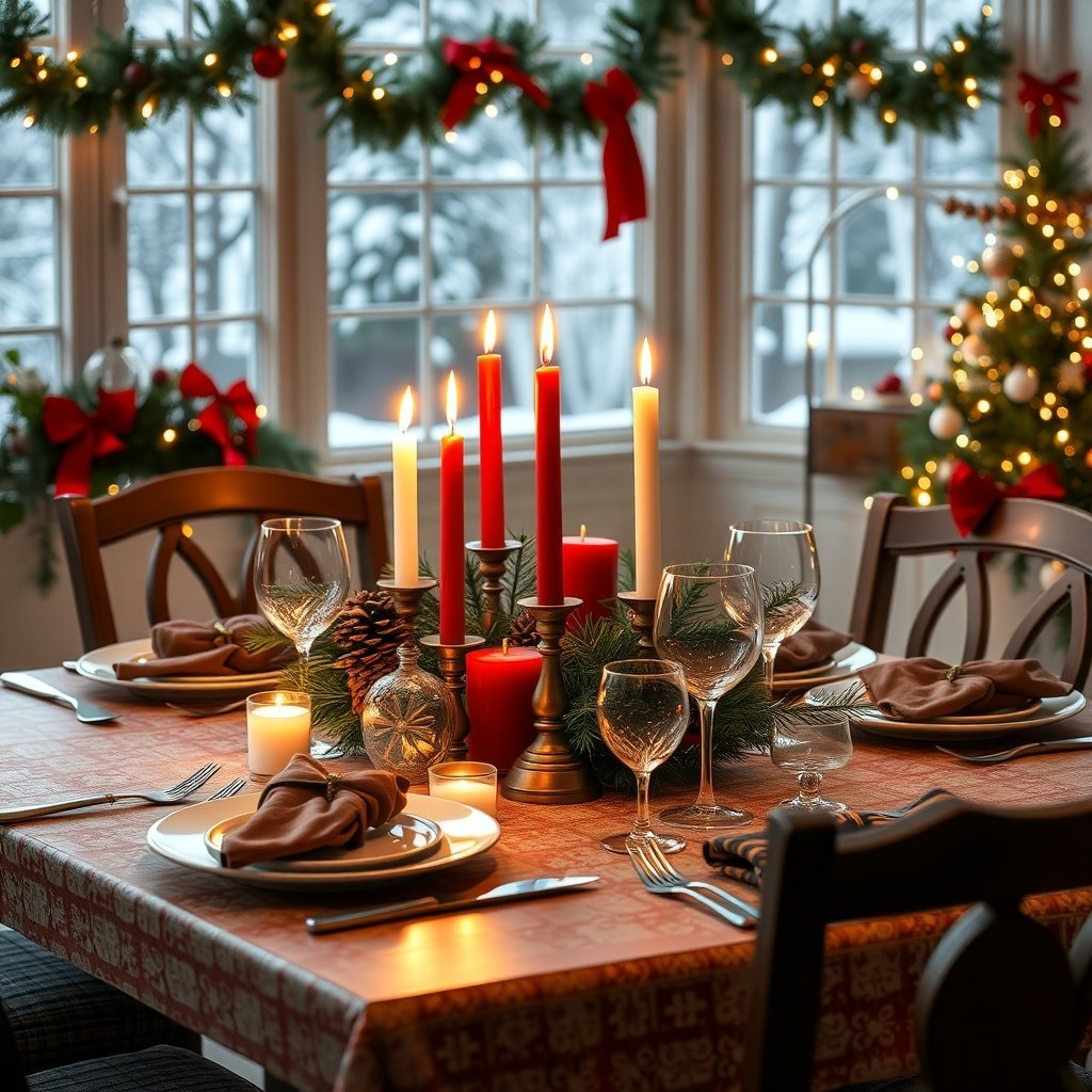 A beautifully set holiday table with candles, greenery, and festive decor.