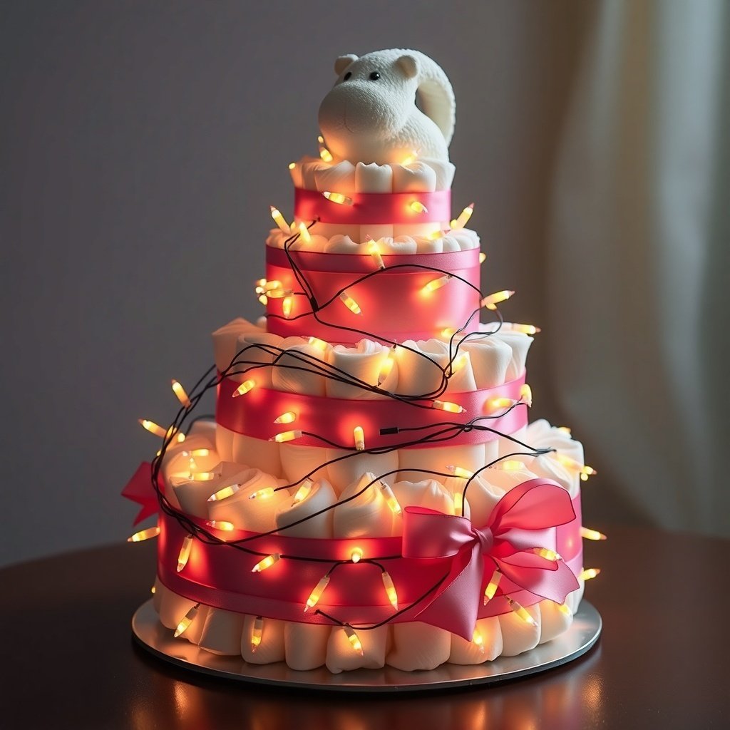 A Christmas diaper cake decorated with lights and a plush toy on top.
