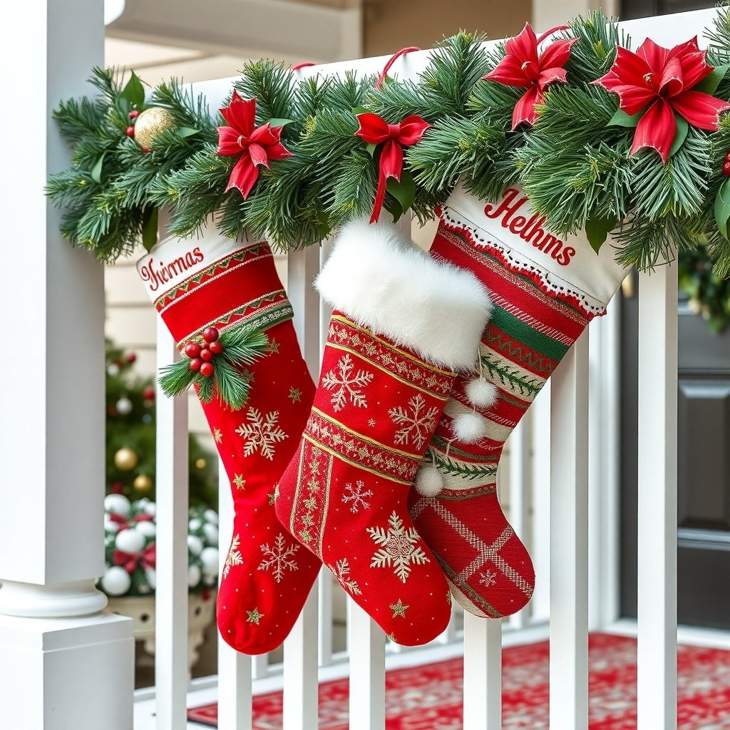 Three Christmas stockings hanging by a door, decorated with festive designs and surrounded by greenery.