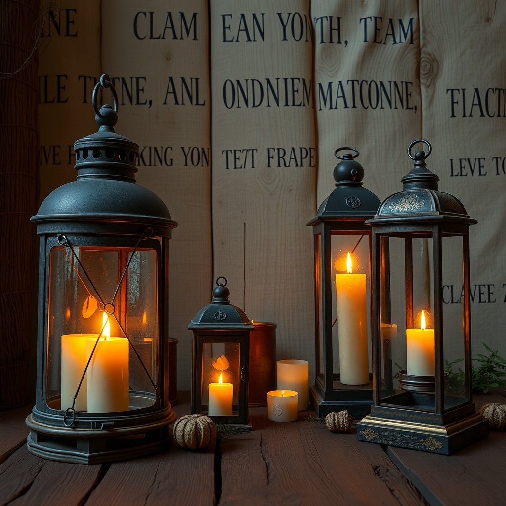 Rustic lanterns with candles on a wooden table, creating a warm atmosphere.
