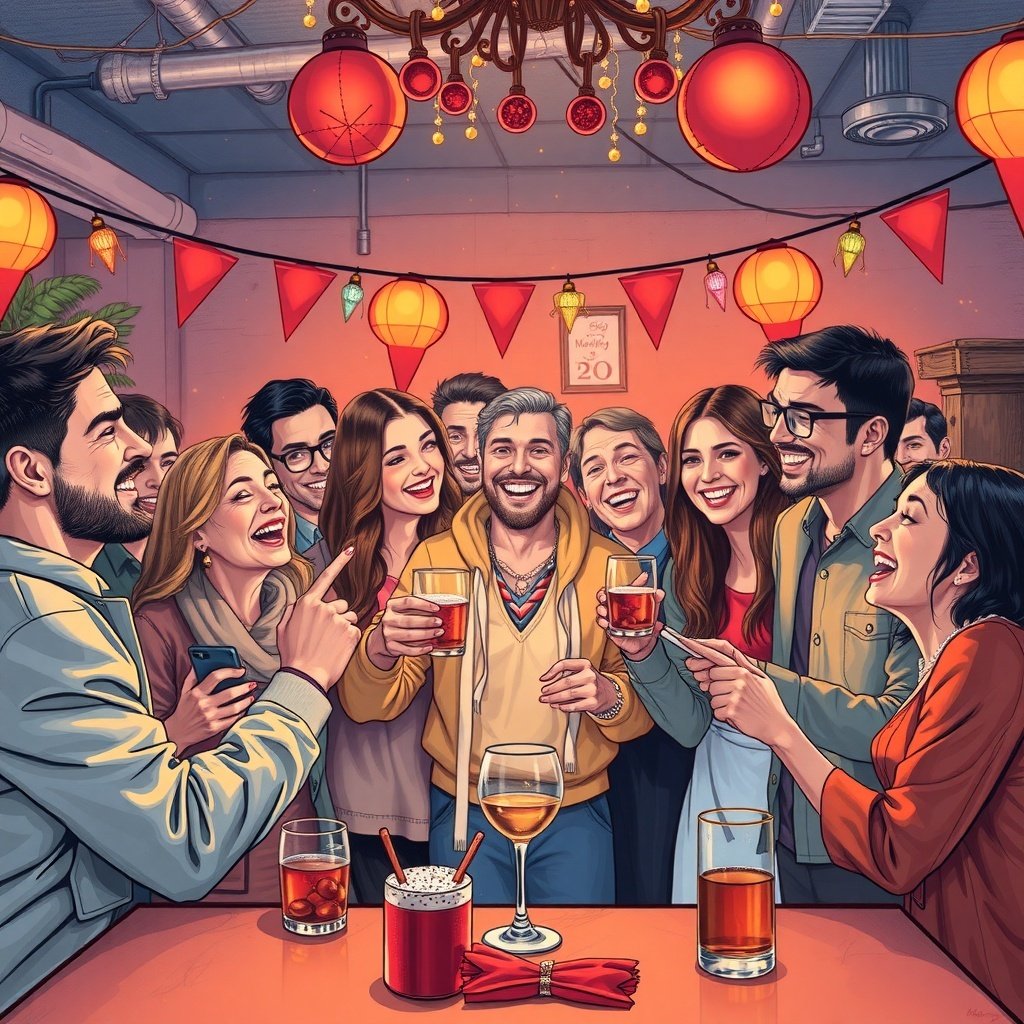 A group of friends celebrating together with drinks in a festive setting.