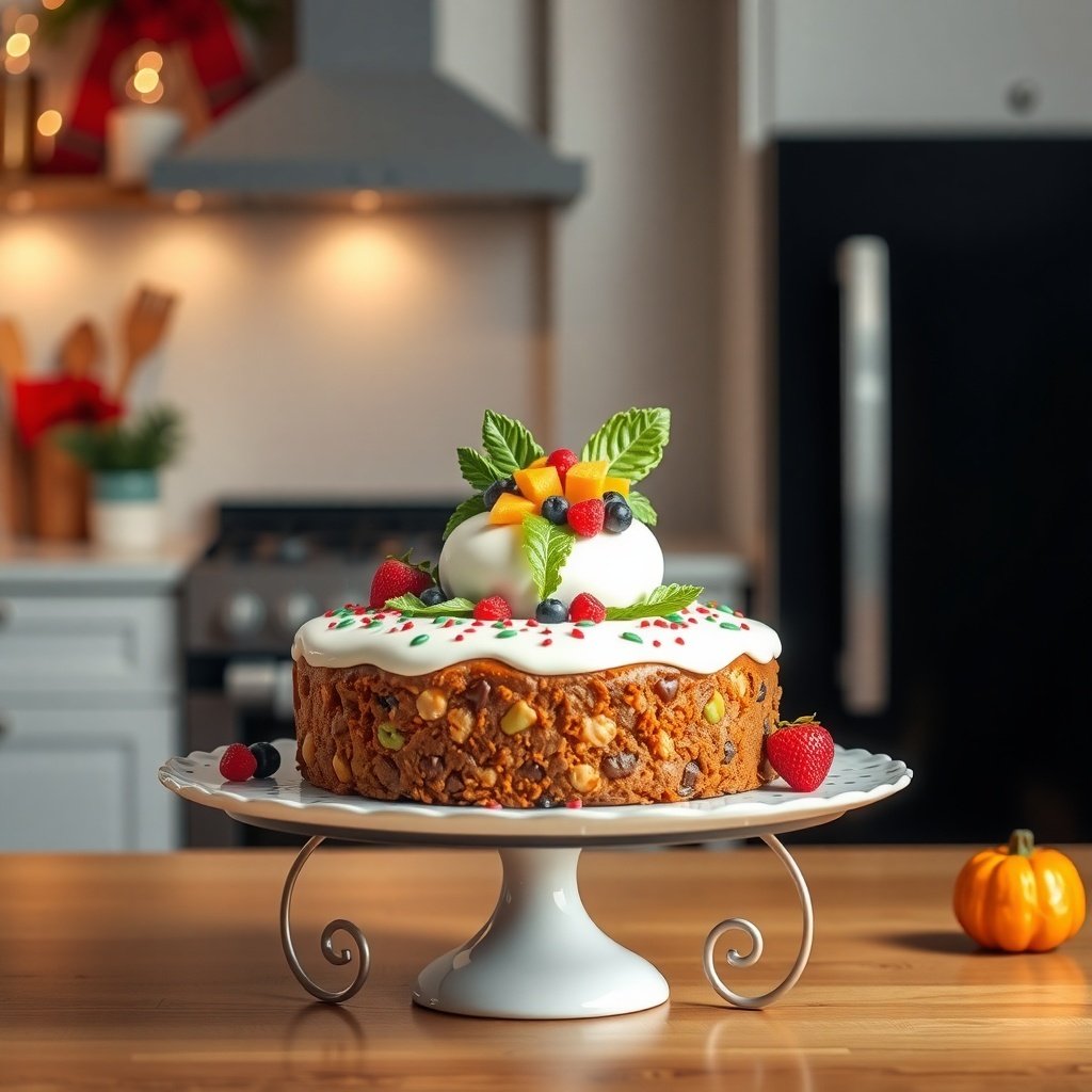 A decorated fruitcake on a white cake stand in a cozy kitchen setting.