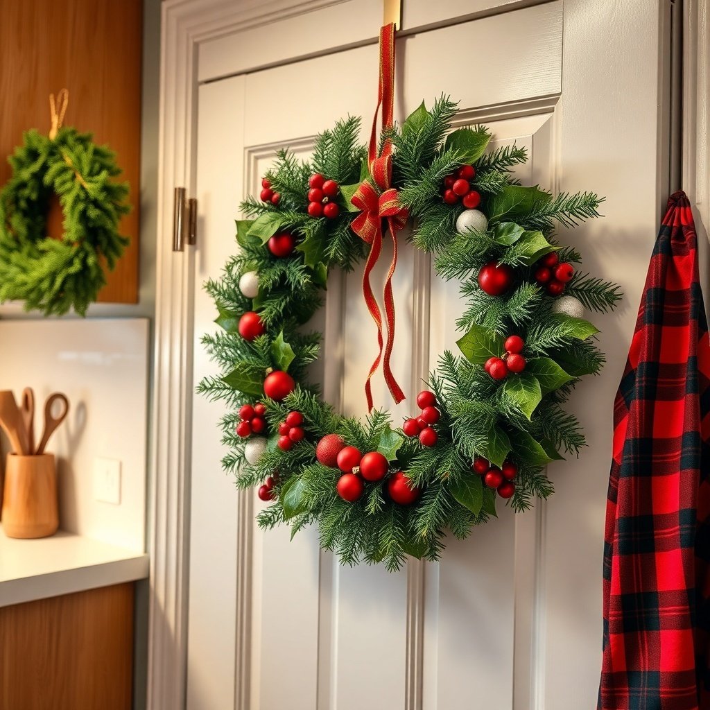 A festive Christmas wreath with red berries and green leaves hanging on a door.