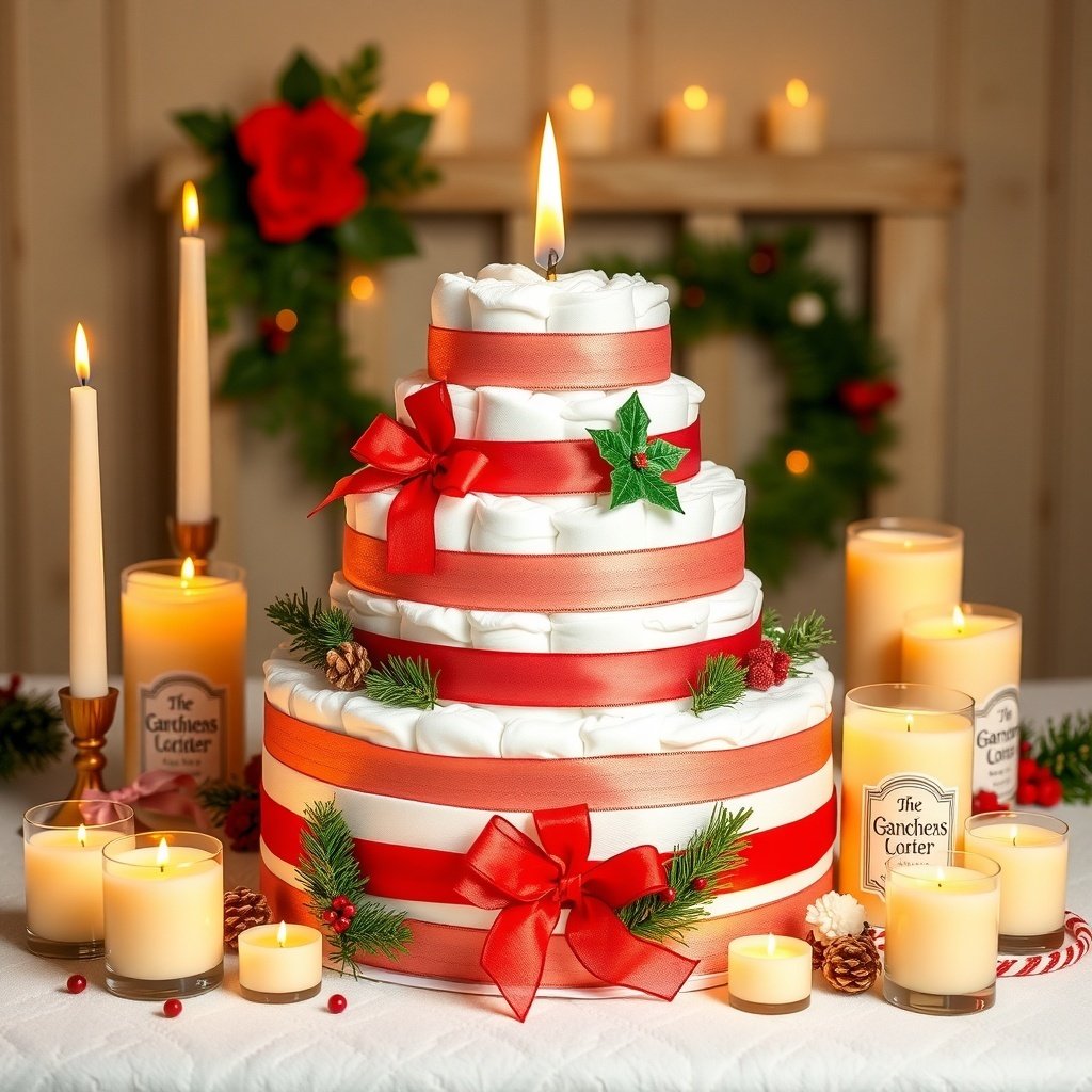 A beautifully decorated Christmas diaper cake with candles and seasonal decorations.