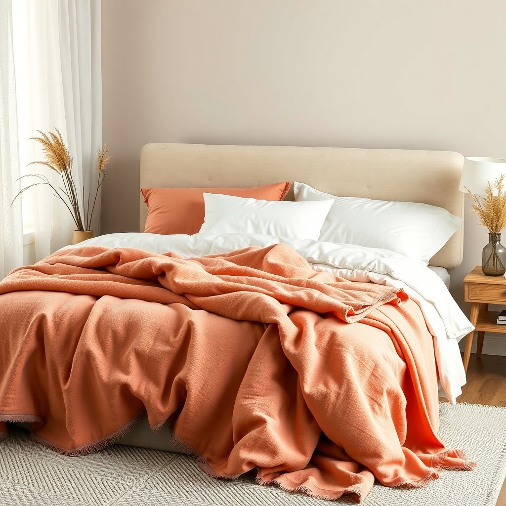 A cozy wedding night room featuring a peach-colored throw blanket on a bed with white pillows.