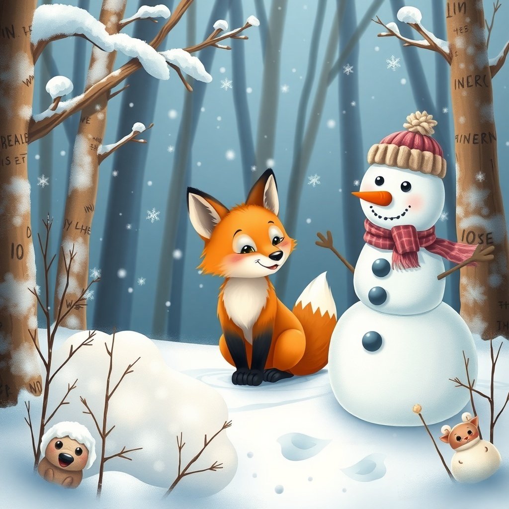 A cute fox sitting next to a snowman in a snowy forest