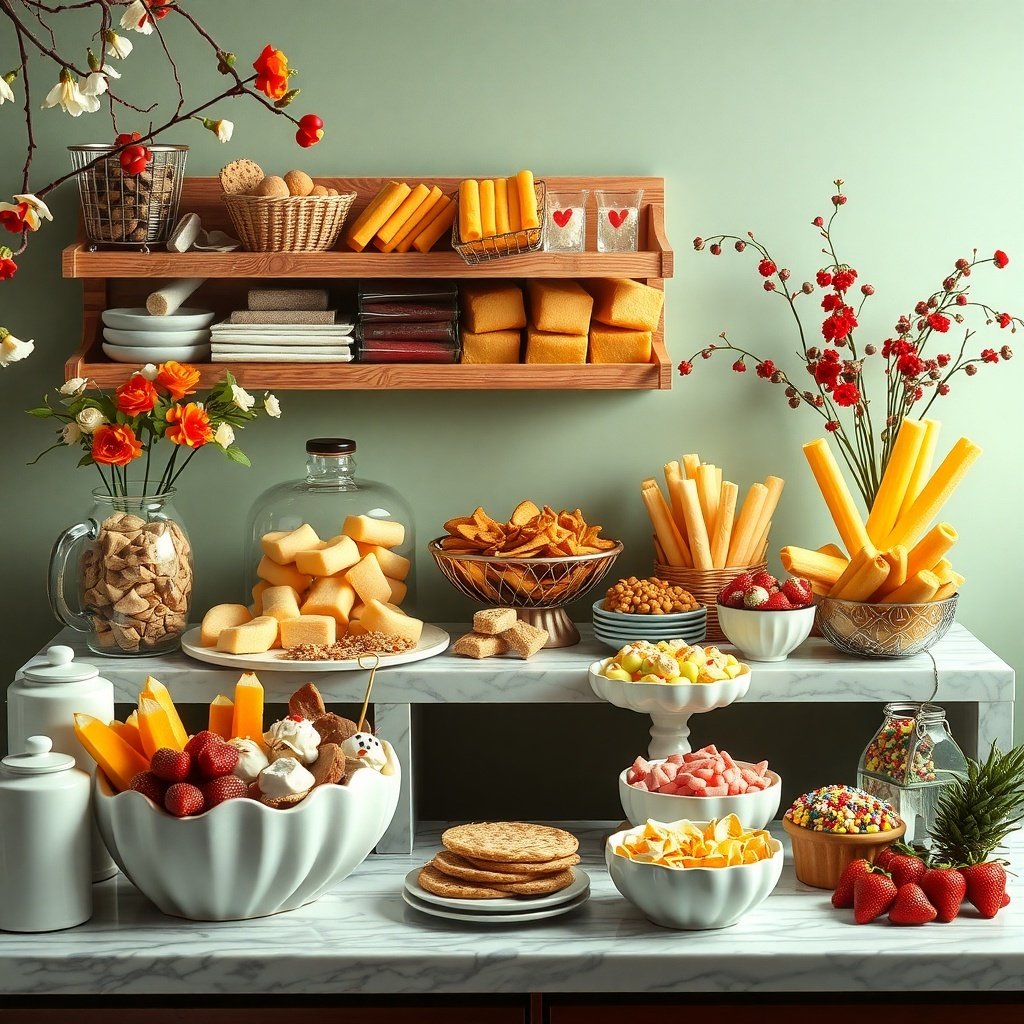 A beautifully arranged gourmet snack station with fruits, cheeses, and snacks for a wedding night room decoration.