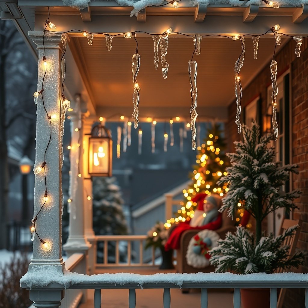 A beautifully decorated porch with icicle lights, a Christmas tree, and snow-covered plants.