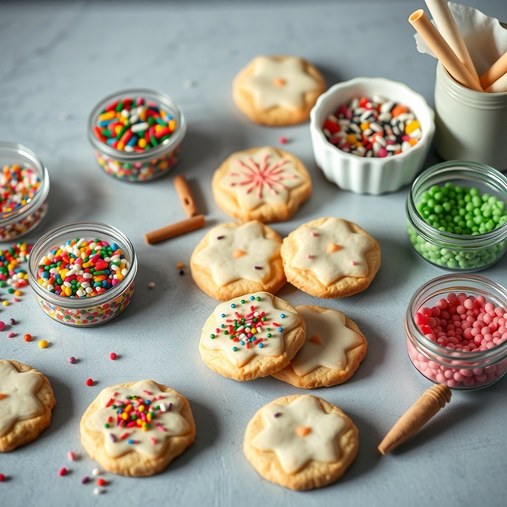 30 Delightful Mexican Wedding Cookie Recipes to Sweeten Your Celebrations A colorful cookie decorating station with Mexican wedding cookies, sprinkles, and icing.