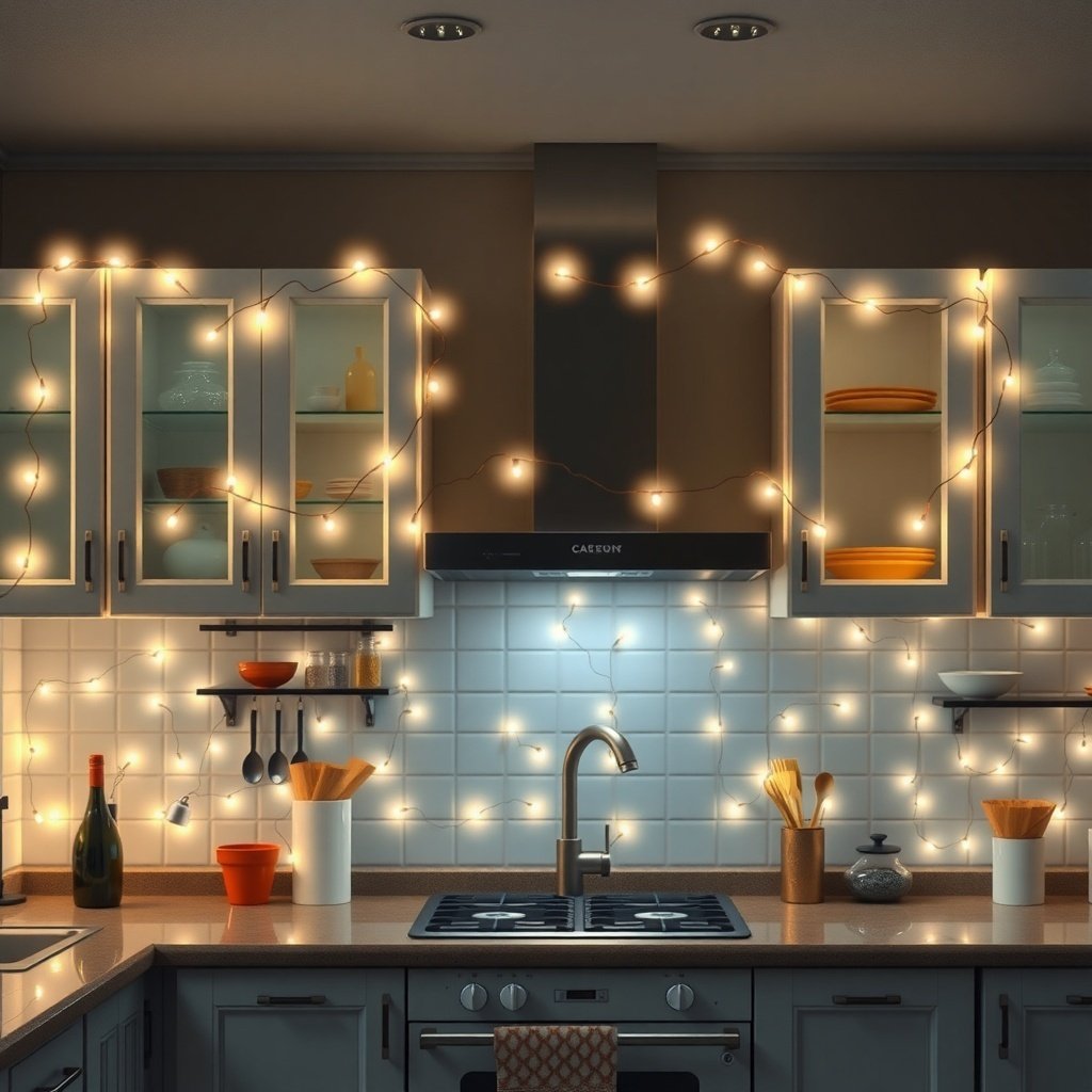 A cozy kitchen decorated with warm string lights. Christmas Kitchen Decor