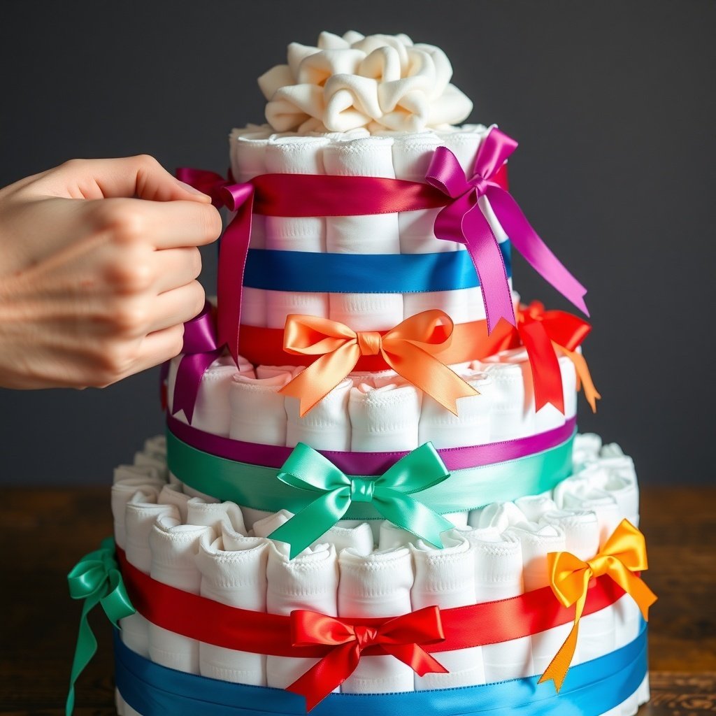 A hand tying colorful ribbons around a tiered diaper cake, showcasing vibrant colors and decorative bows.
