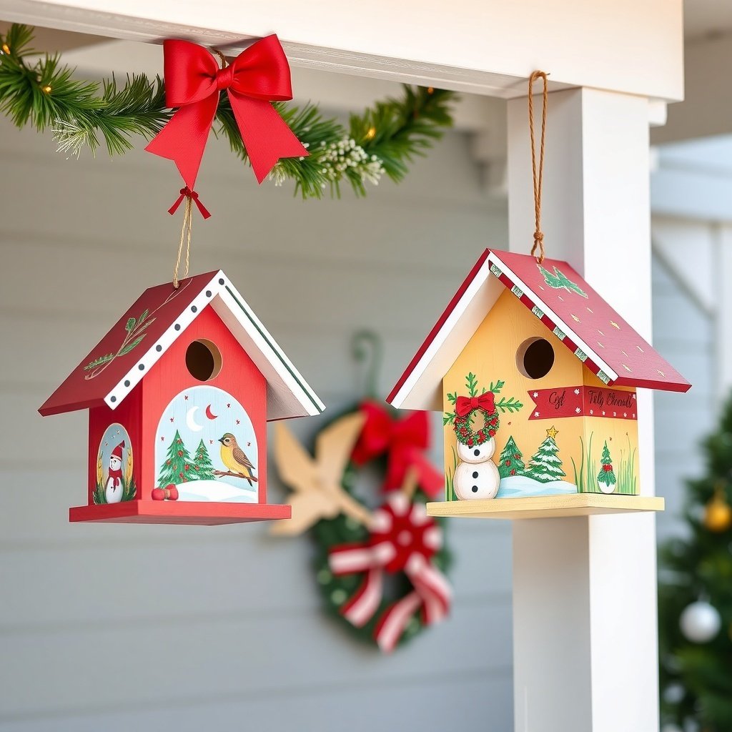 Two colorful Christmas-themed birdhouses hanging on a porch, decorated with a red bow and garland.