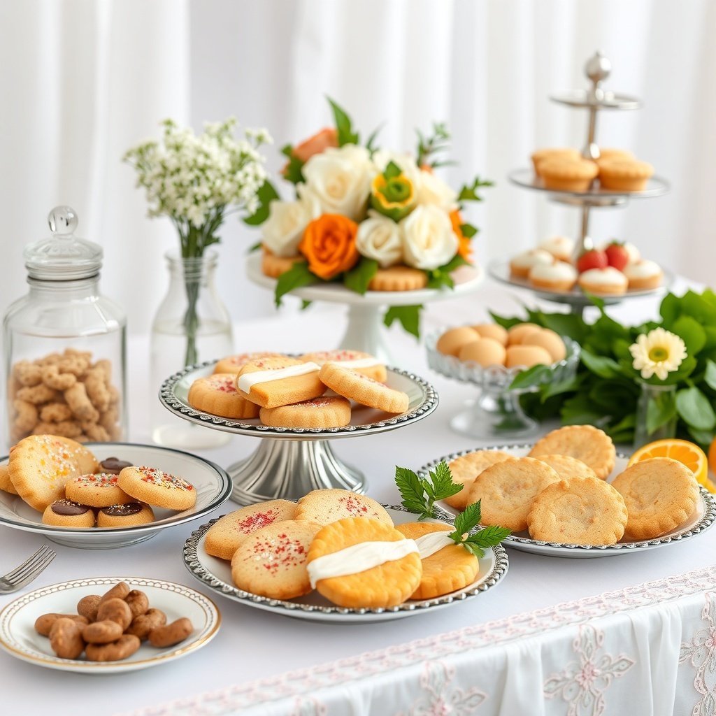 30 Delightful Mexican Wedding Cookie Recipes to Sweeten Your Celebrations A beautifully arranged display of Mexican wedding cookies on elegant platters with flowers.