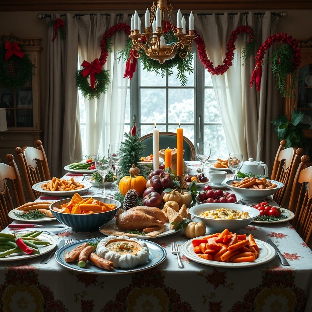 A festive dining table filled with traditional holiday dishes, decorated with garlands and candles.