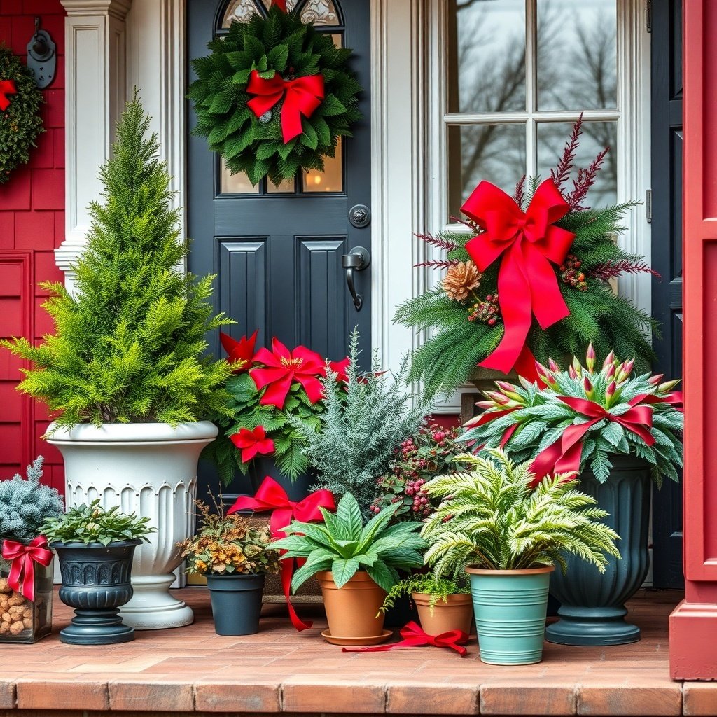 A festive Christmas porch decorated with potted plants and evergreens, featuring red bows and a welcoming wreath.