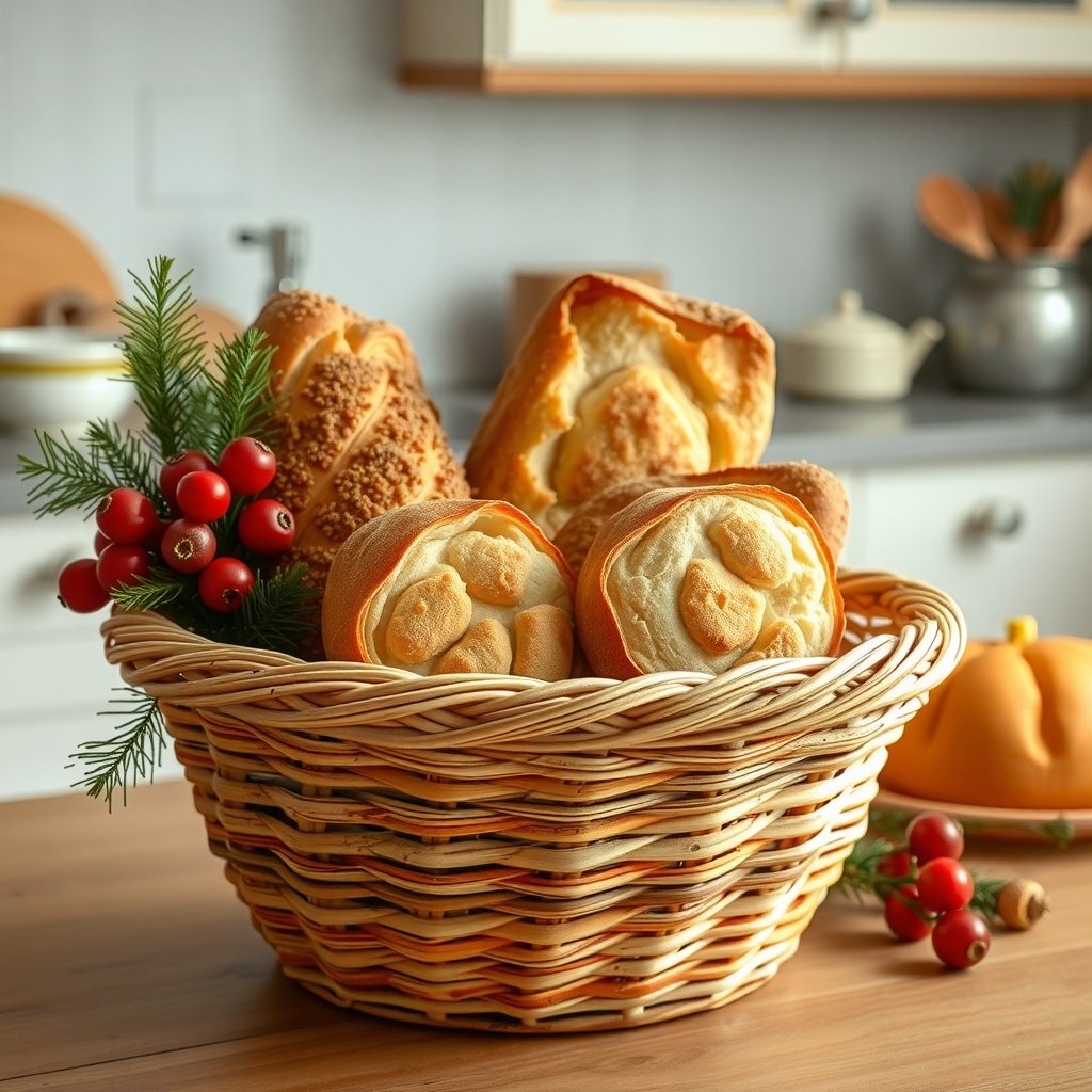A woven basket filled with various types of bread and decorated with greenery and red berries.