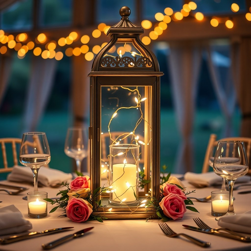 A beautifully arranged glass lantern with fairy lights at the center of a Christmas table, surrounded by roses and candles.