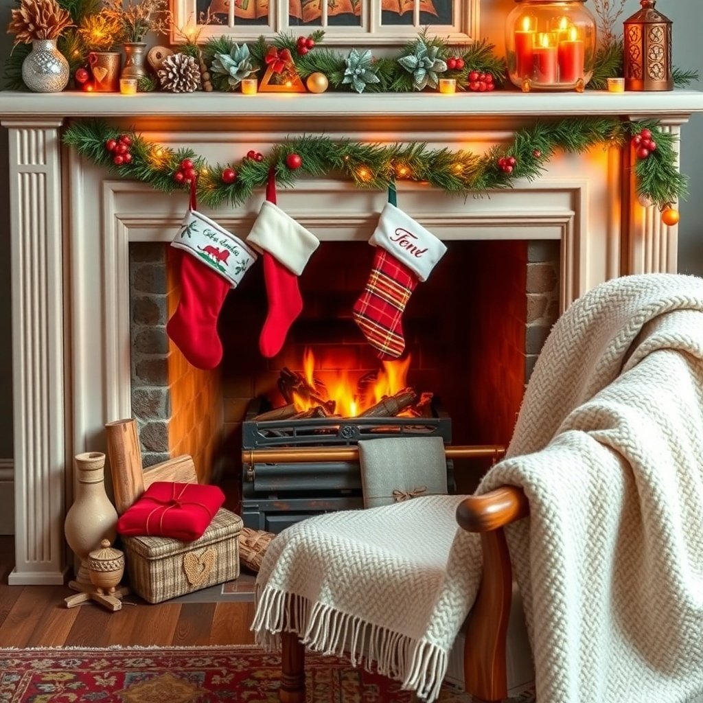 A cozy fireplace decorated for December with stockings, a warm blanket, and festive decorations.