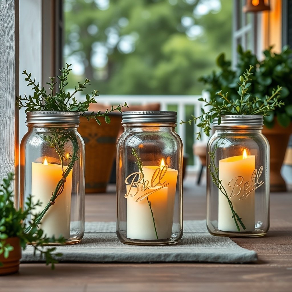 Three mason jar lanterns with candles and greenery on a porch