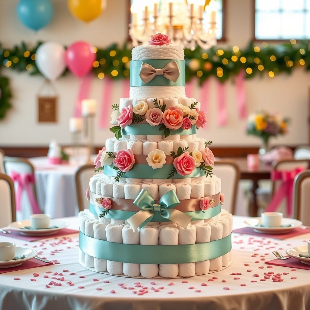 A beautifully crafted diaper cake centerpiece decorated with ribbons and flowers, perfect for a baby shower.