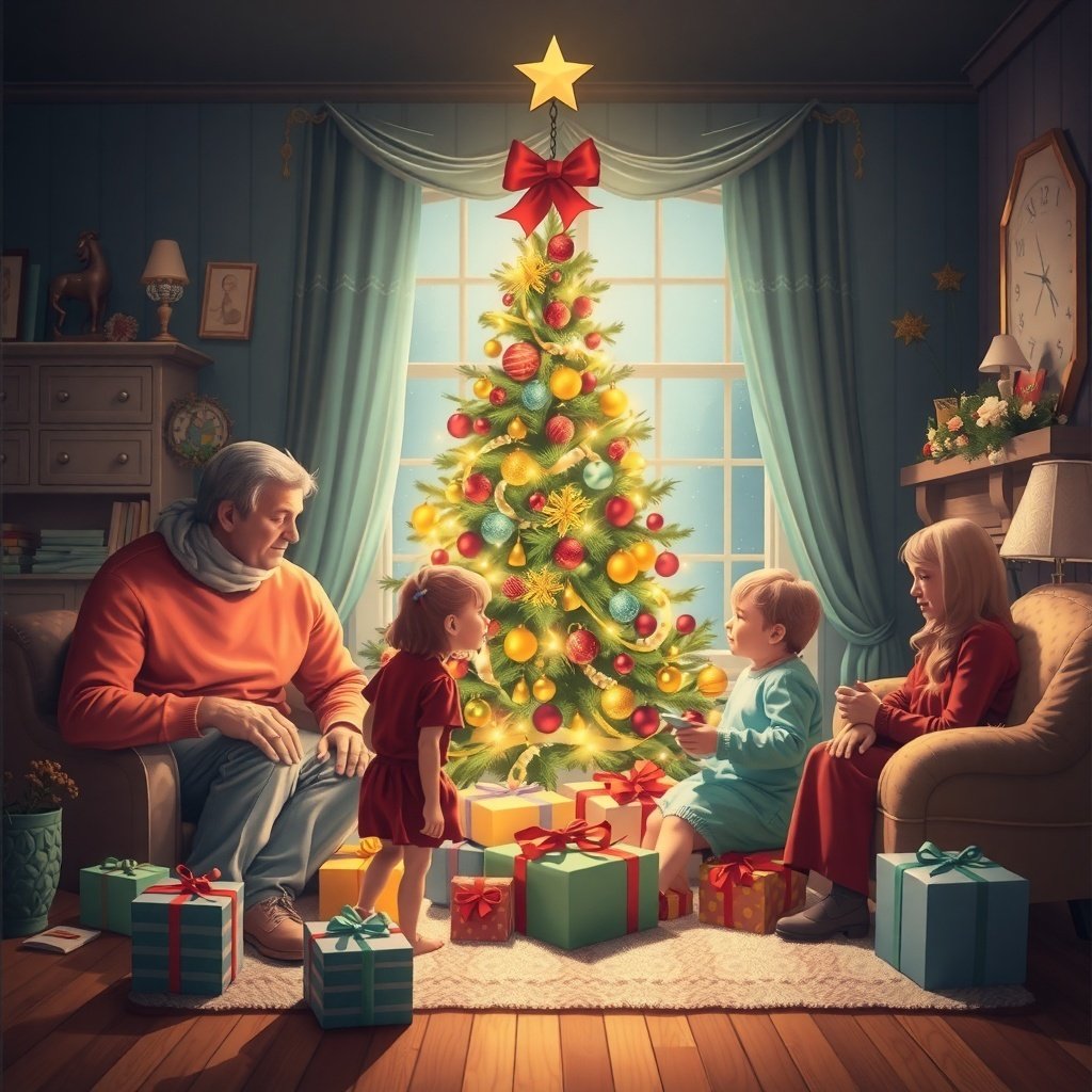 A cozy family scene with a Christmas tree, gifts, and children celebrating together.