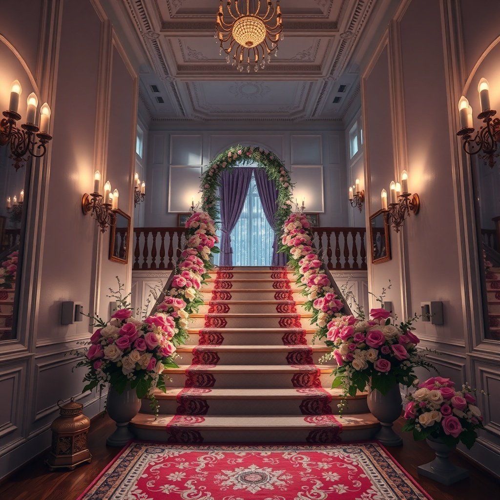 A beautifully decorated staircase with floral arrangements and soft lighting, perfect for a wedding night room.