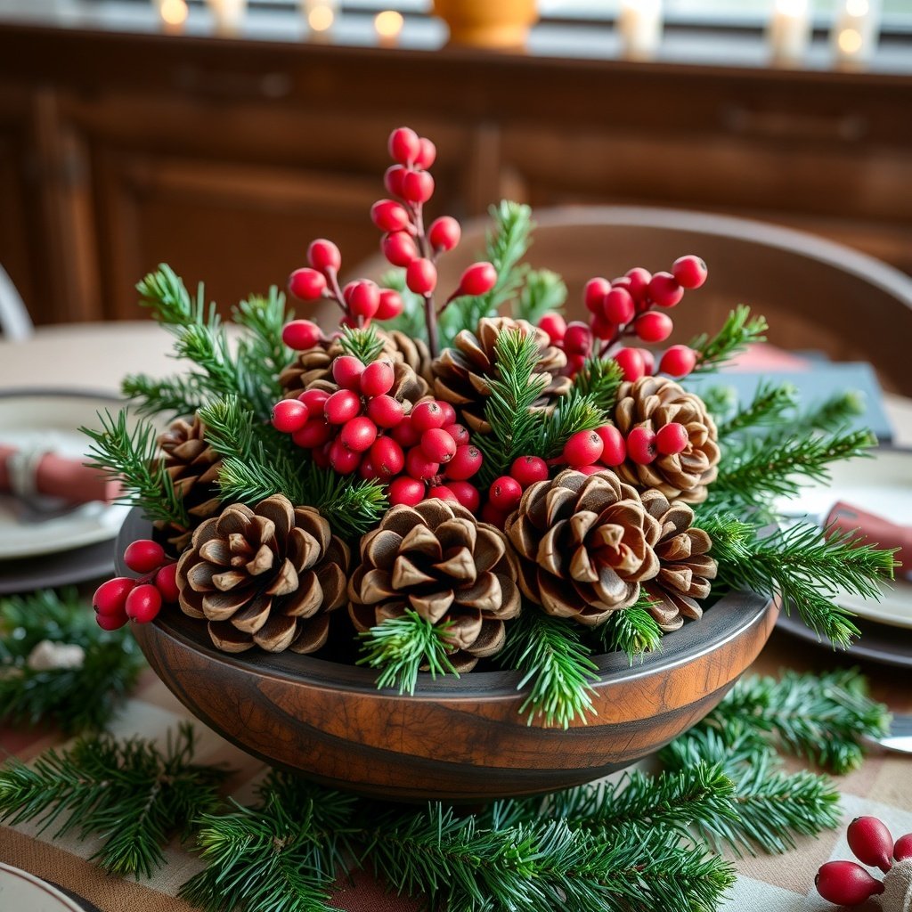 A rustic centerpiece featuring pinecones and red berries in a wooden bowl, surrounded by greenery. Christmas Table Centerpieces