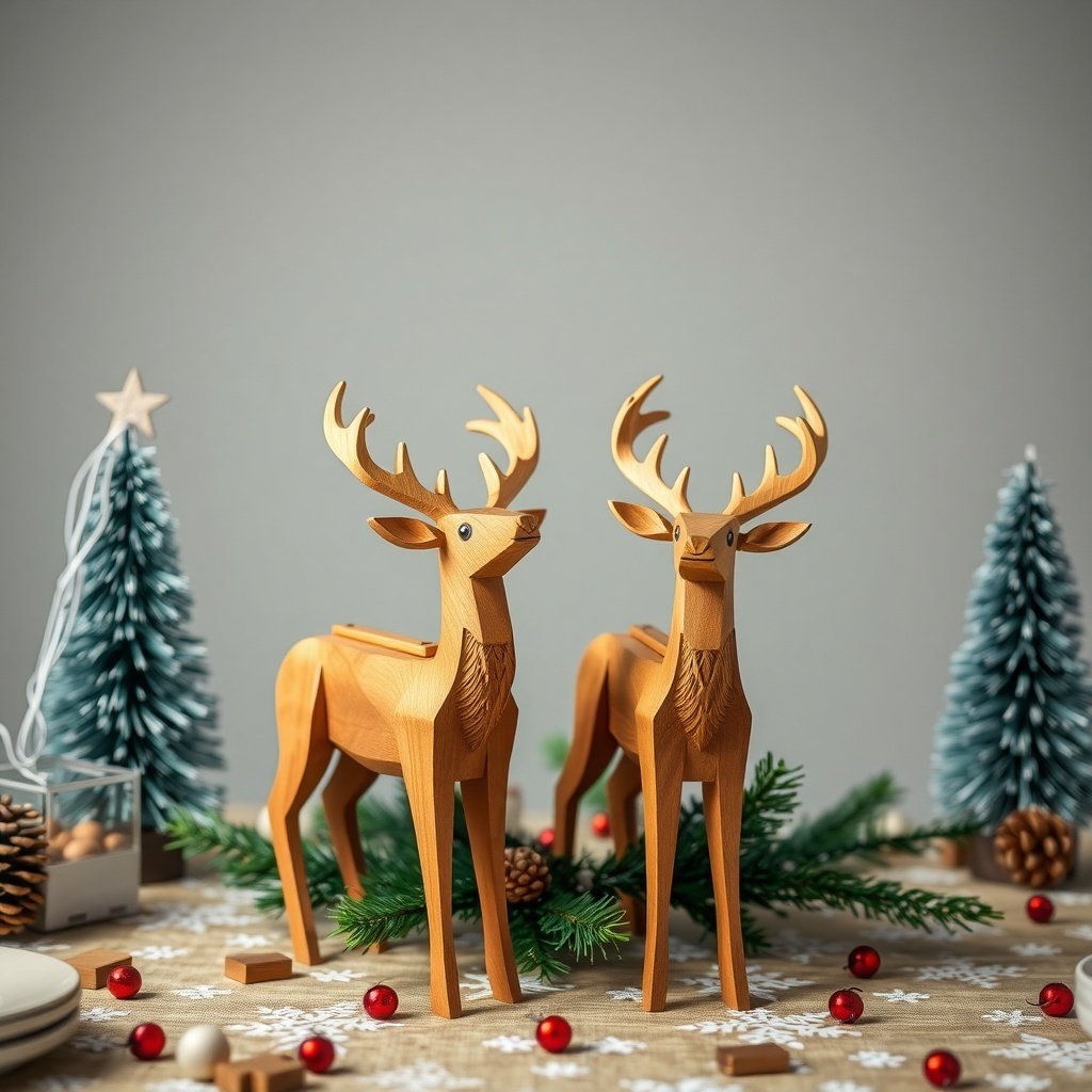 Wooden reindeer figurines on a Christmas table with decorations