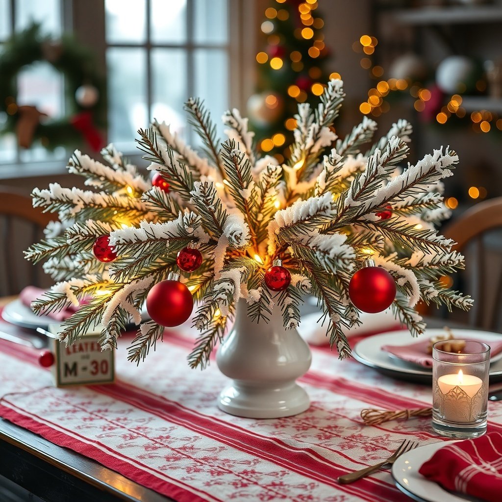A snowy pine branch centerpiece with red ornaments and soft lights on a Christmas table