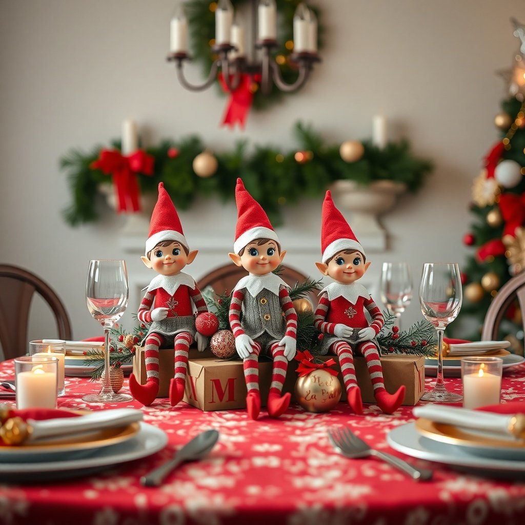 Three whimsical elf figurines on a Christmas table centerpiece