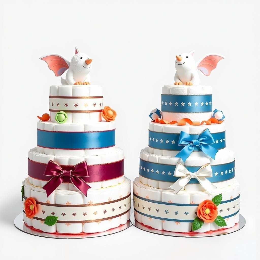 Two tiered diaper cakes decorated with ribbons and cute animal figures, perfect for twins or triplets.