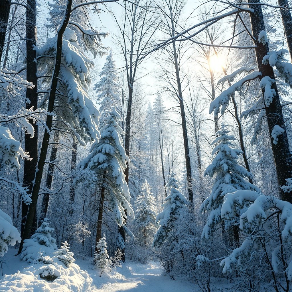 A peaceful winter forest with snow-covered trees and sunlight filtering through branches.