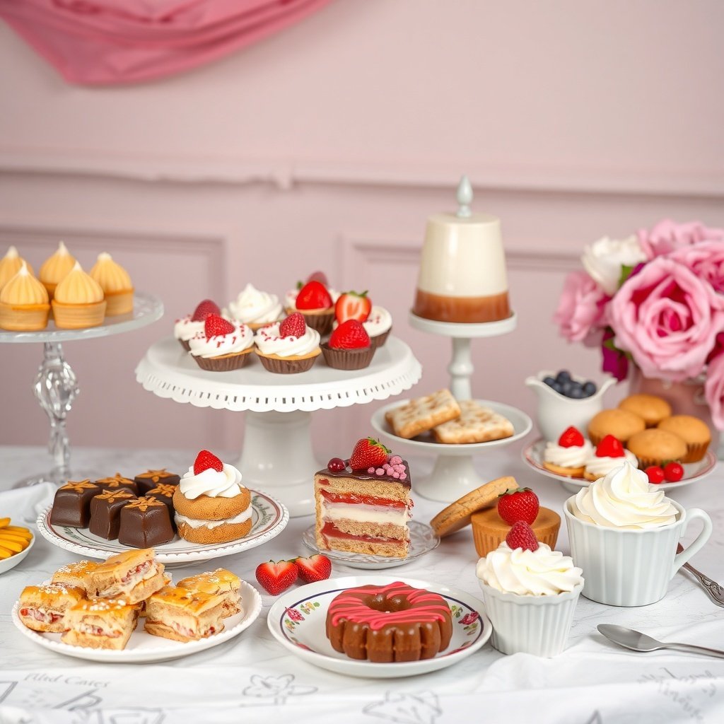 A beautifully arranged dessert table featuring various pastries and cakes, perfect for a wedding night room decoration.