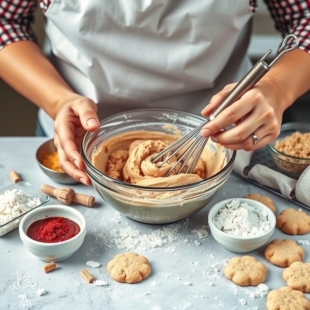 30 Delightful Mexican Wedding Cookie Recipes to Sweeten Your Celebrations A person whisking cookie dough in a bowl with various ingredients around.