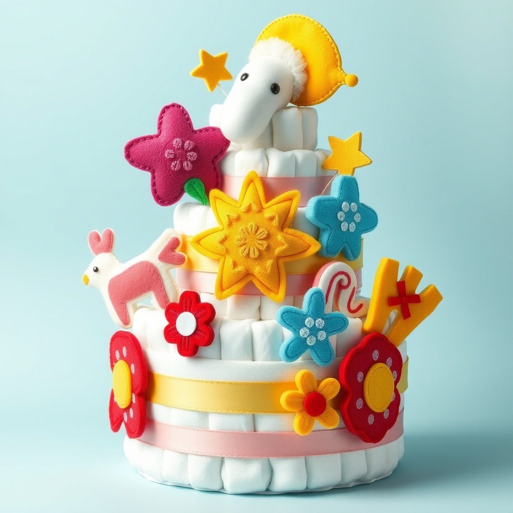 A colorful Christmas diaper cake decorated with felt flowers, stars, and animals.
