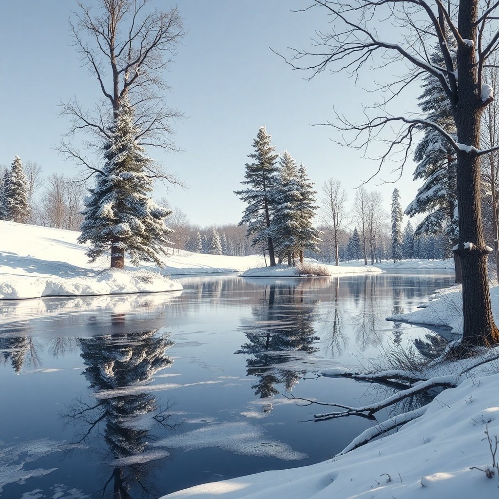 A serene winter landscape with snow-covered trees and a reflective pond.