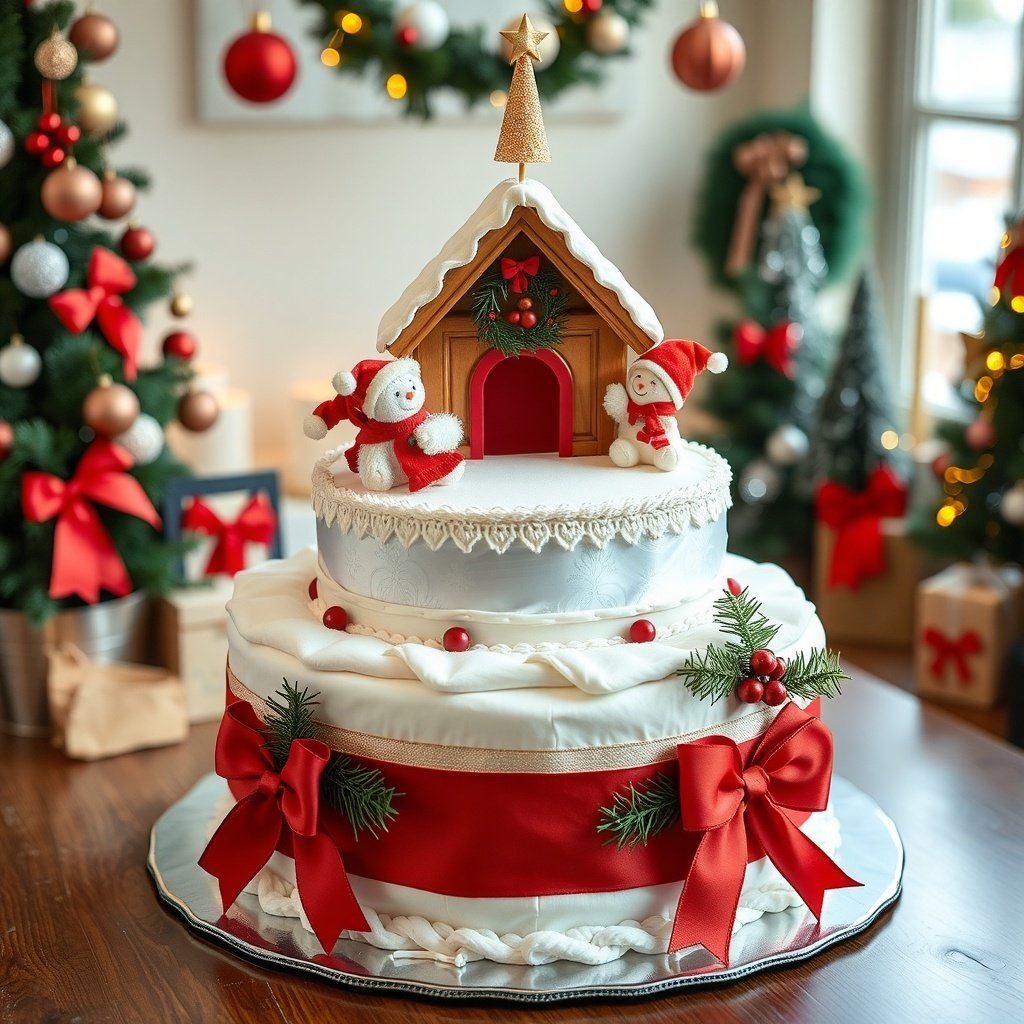A festive Christmas diaper cake featuring a gingerbread house, snowmen, and holiday decorations.