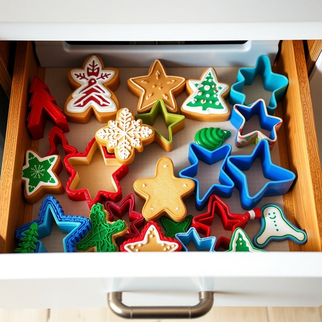 A variety of colorful cookie cutters in a drawer, including Christmas-themed shapes like stars, trees, and snowflakes.