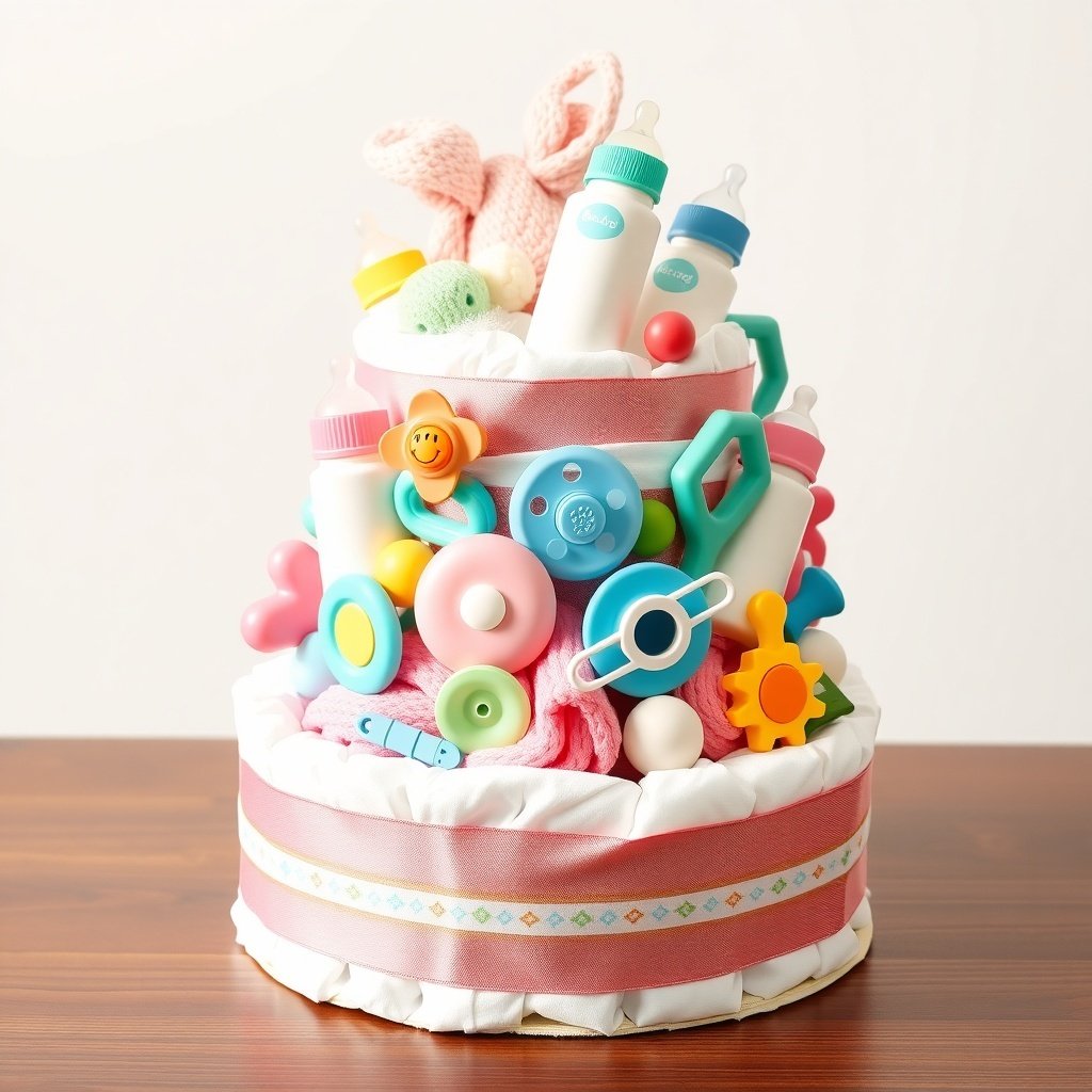 A colorful Christmas diaper cake decorated with baby essentials like bottles, toys, and blankets.