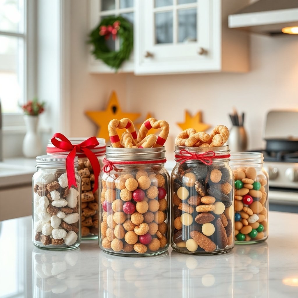 Decorative jars filled with festive treats in a Christmas kitchen.