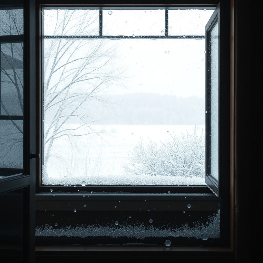 A frosty window with snow-covered trees visible outside.