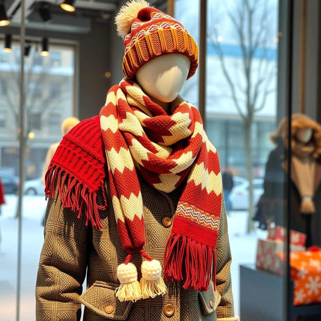 A mannequin dressed in a warm winter outfit featuring a patterned scarf and knitted hat.