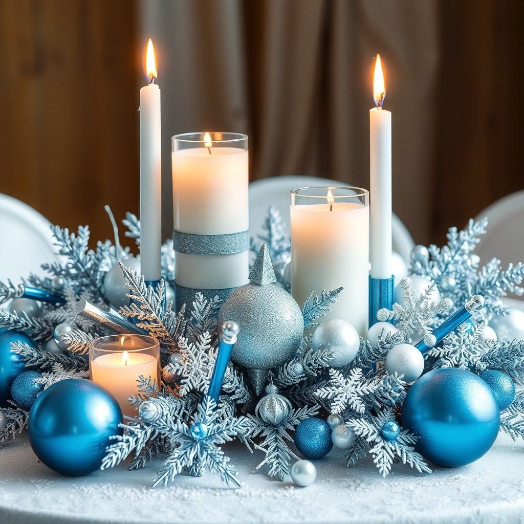 A beautiful Christmas table centerpiece featuring silver and blue decorations, candles, and ornaments.