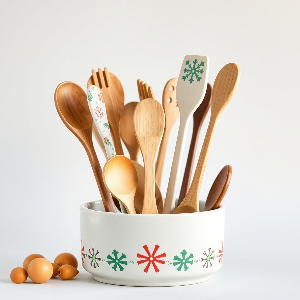 A festive bowl filled with wooden cooking utensils decorated for Christmas.