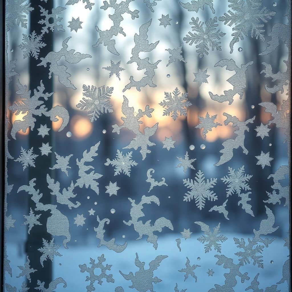 Frost patterns on a window with a soft sunset in the background. December Wallpapers