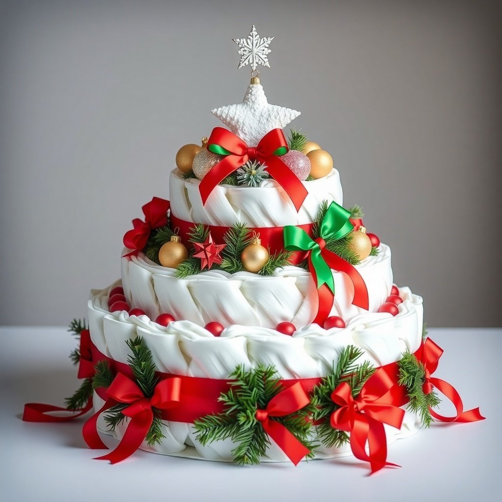 A festive Christmas diaper cake with three tiers, decorated with red and green ribbons, ornaments, and a snowflake star on top.