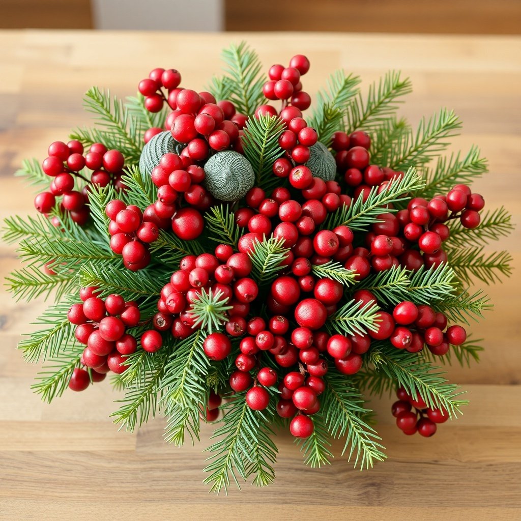 A festive centerpiece featuring red cranberries and green pine branches.