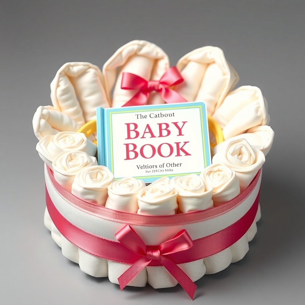 A Christmas diaper cake featuring a baby book at the center, surrounded by rolled diapers and decorated with a pink ribbon.