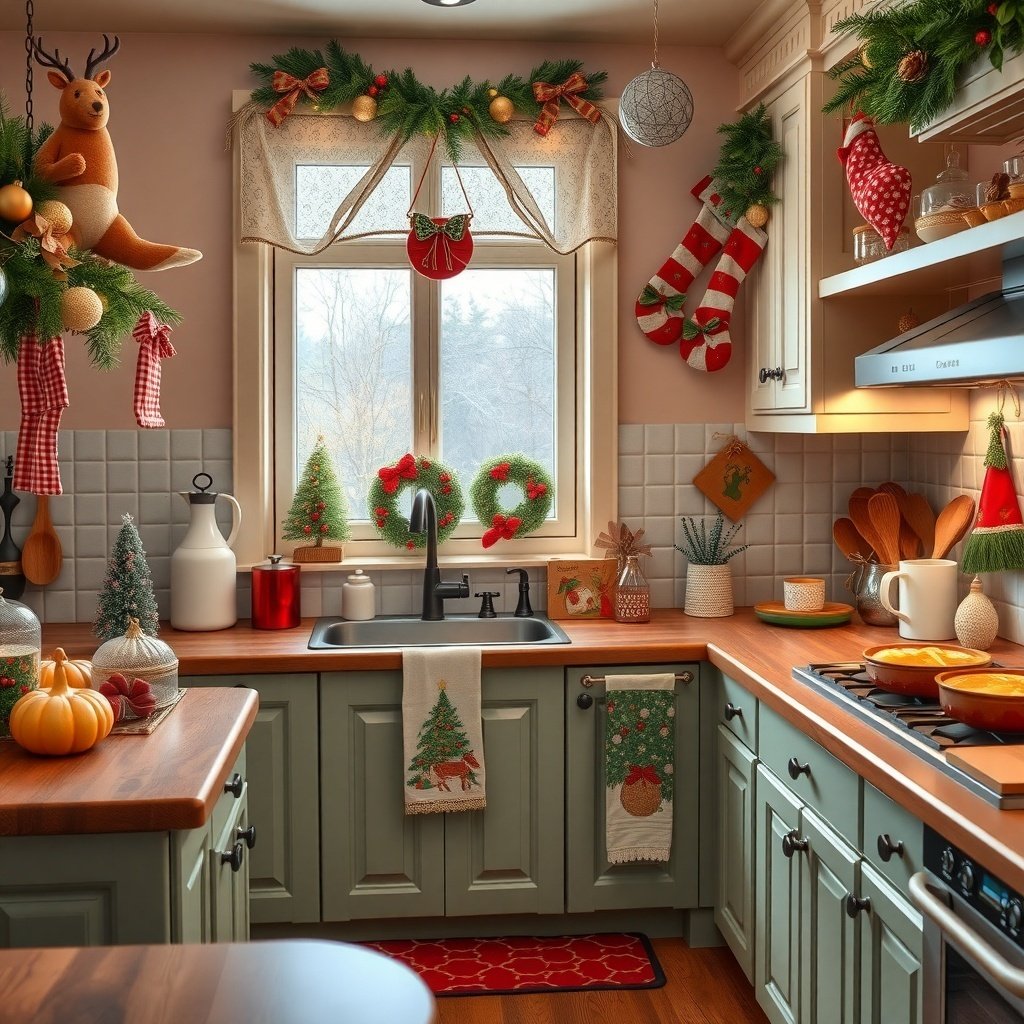 A cozy Christmas kitchen decorated with wreaths, stockings, and festive accents.